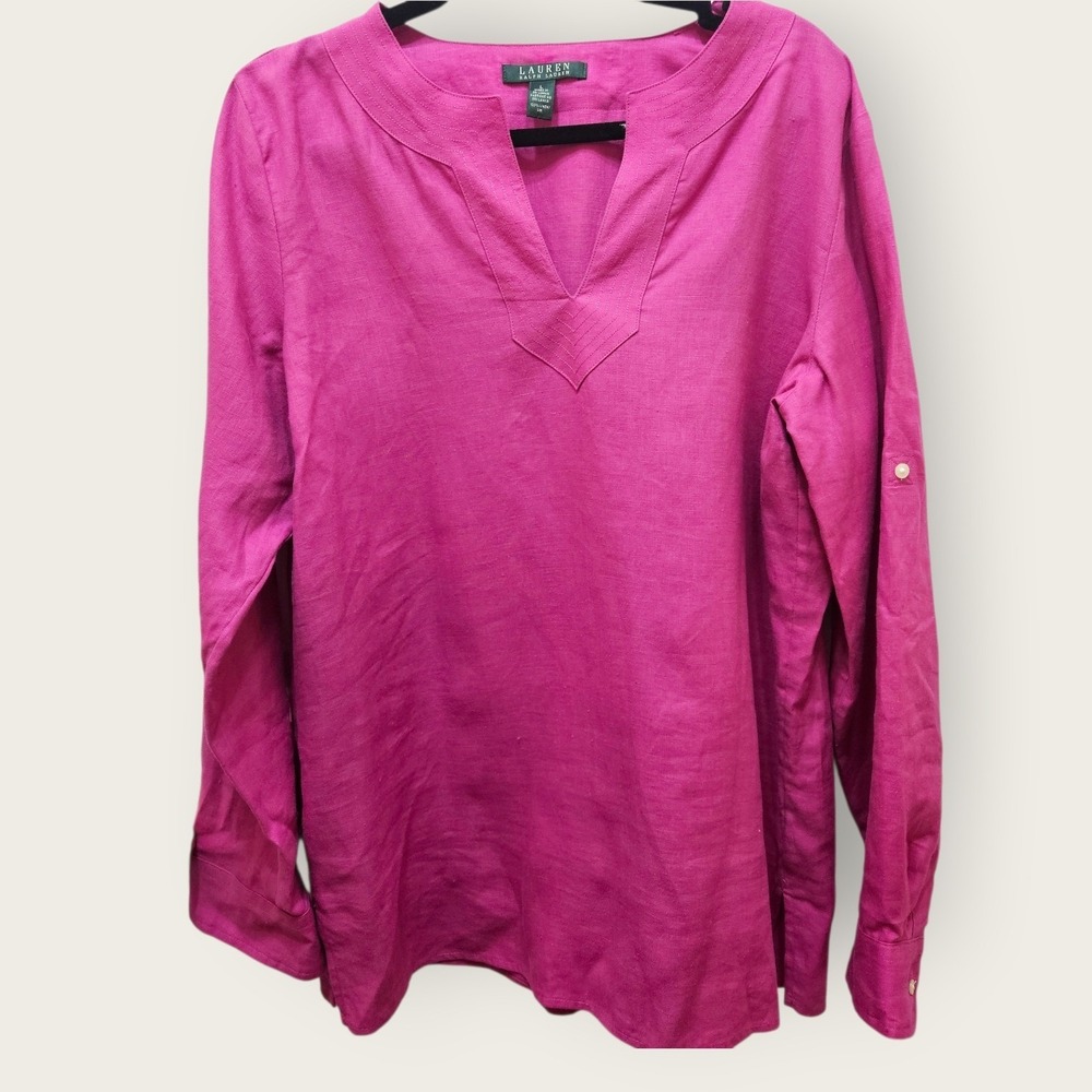 Lauren Ralph Lauren Womens Large Fuchsia Pink 100% Linen Roll Tab Tunic Top LRL